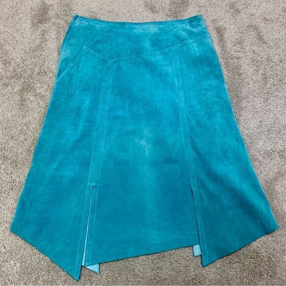 DANIER Leather blue suede asymmetrical hem A-line skirt Sz 12 - Picture 2 of 8